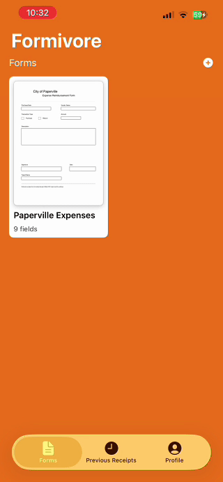 Demo of Formivore scanning a receipt and completing a reimbursement form