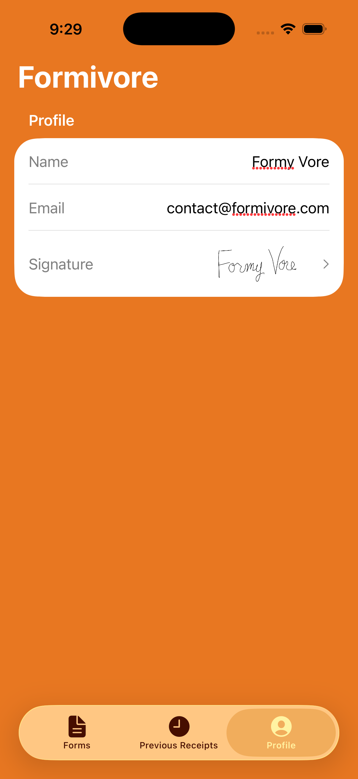 Profile screen with saved name, email, and signature