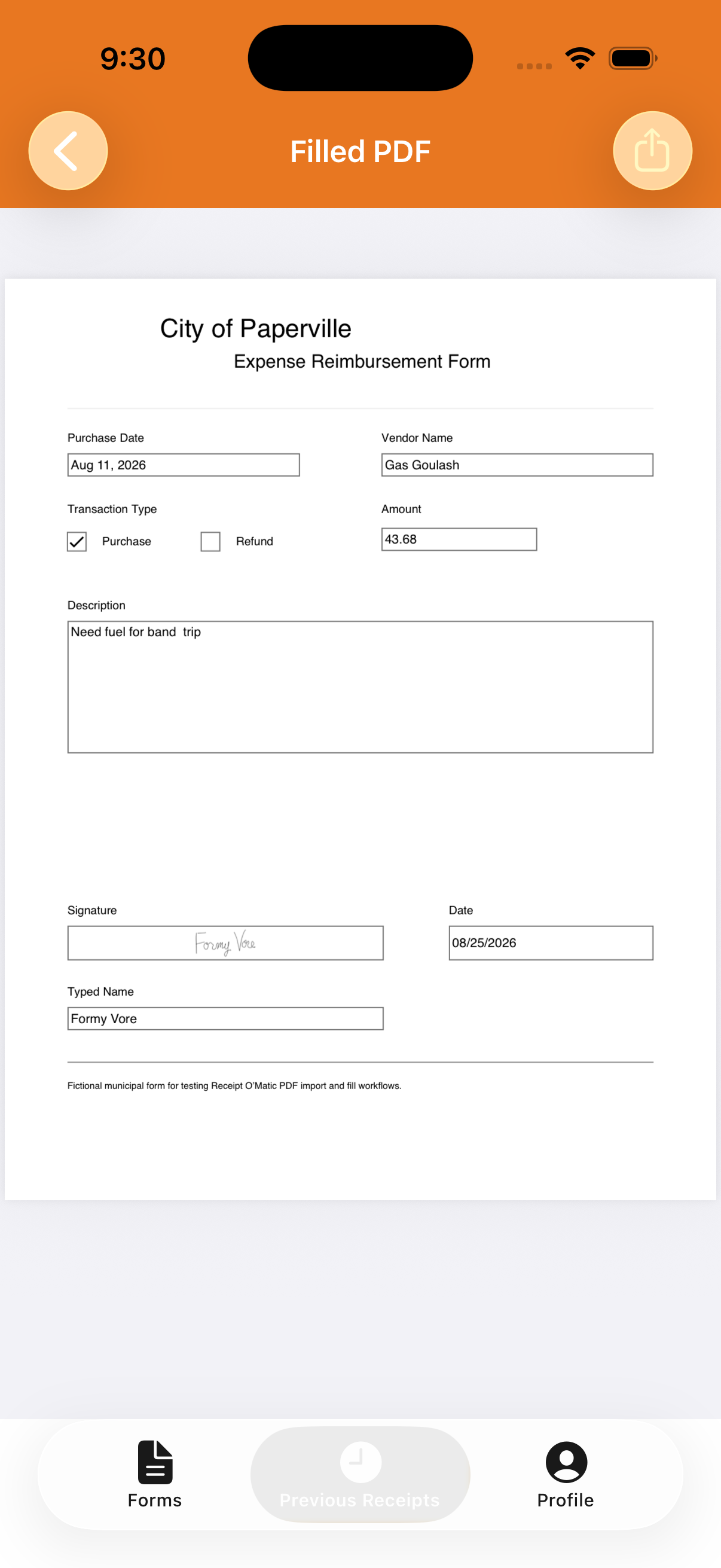 Saved receipt details and field values
