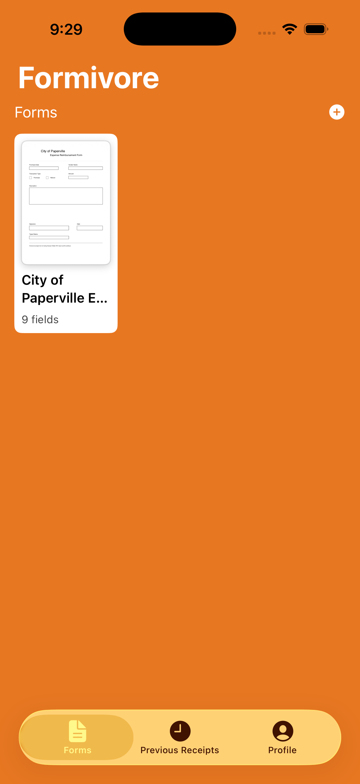 Forms screen showing an imported expense reimbursement form