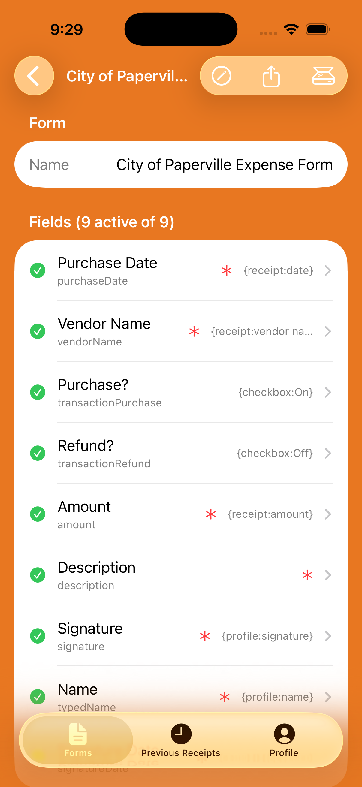 Form field configuration screen