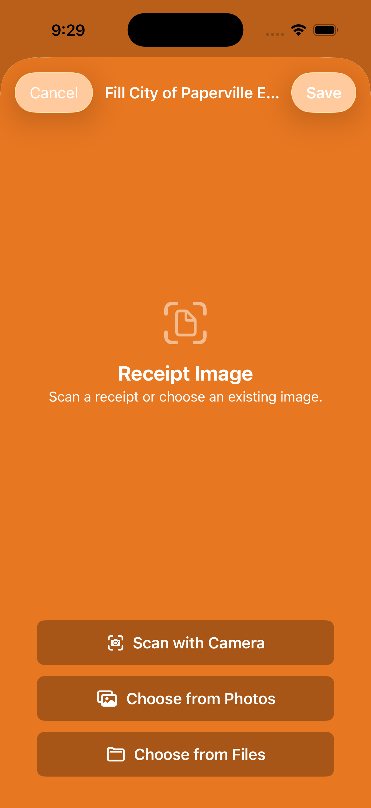Receipt image selection screen with camera, Photos, and Files options