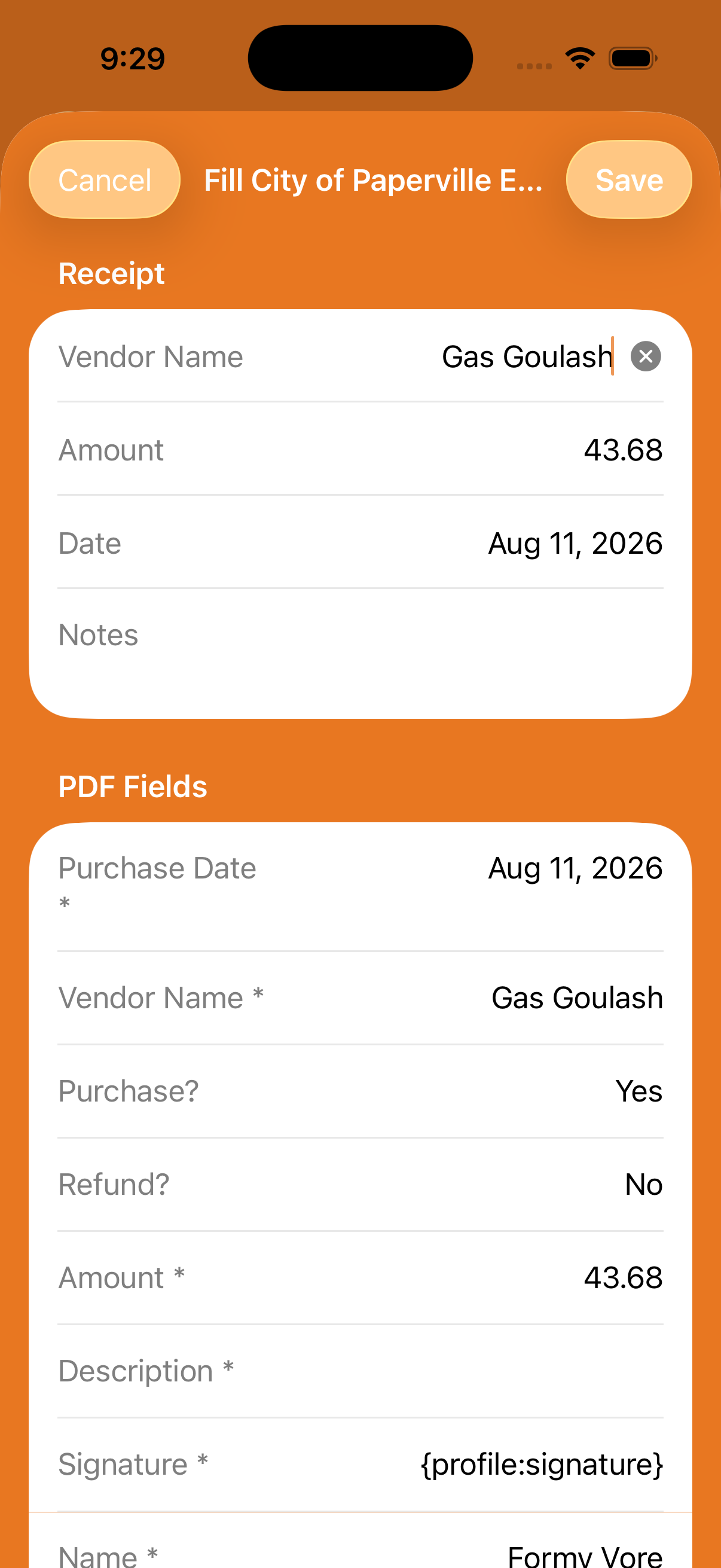 Receipt review screen with detected values and PDF fields