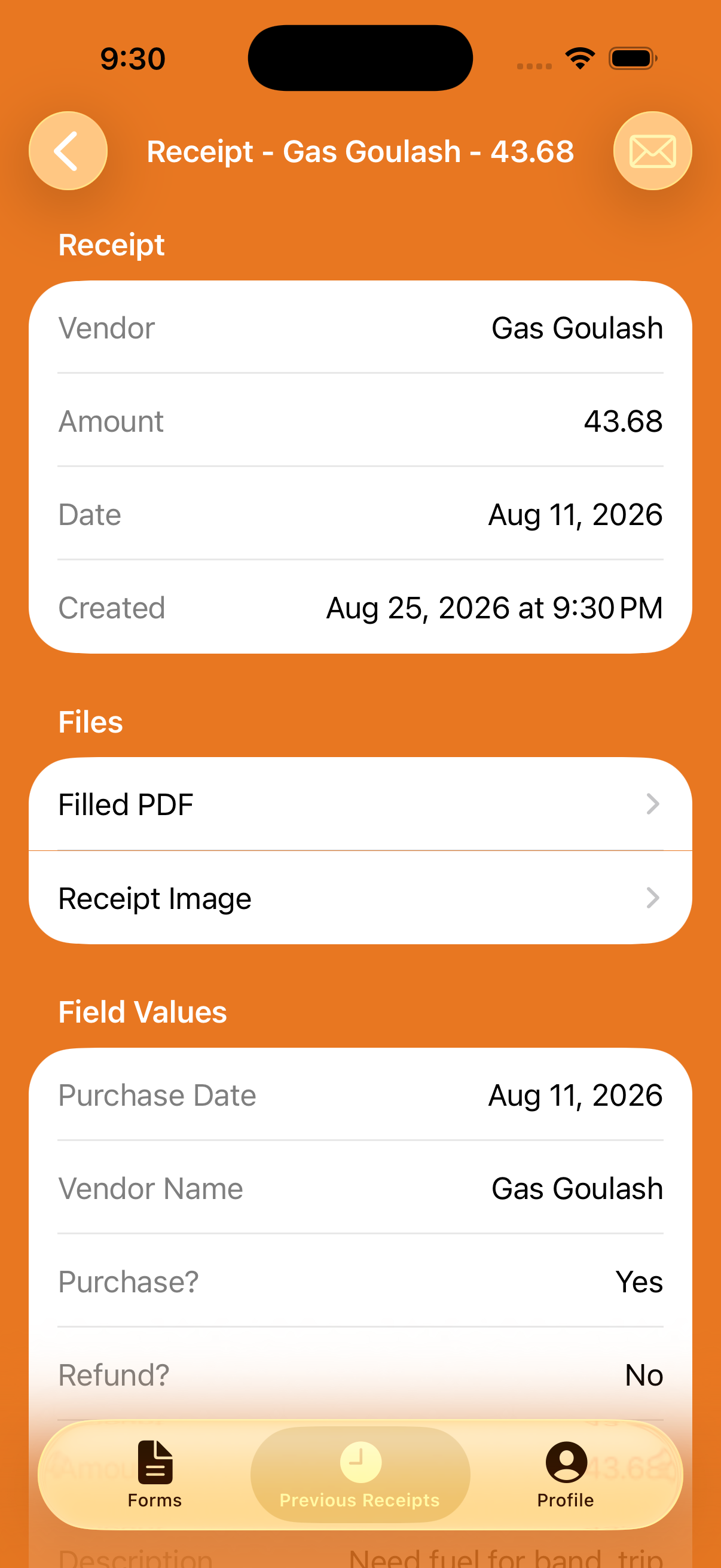 Previous receipts list